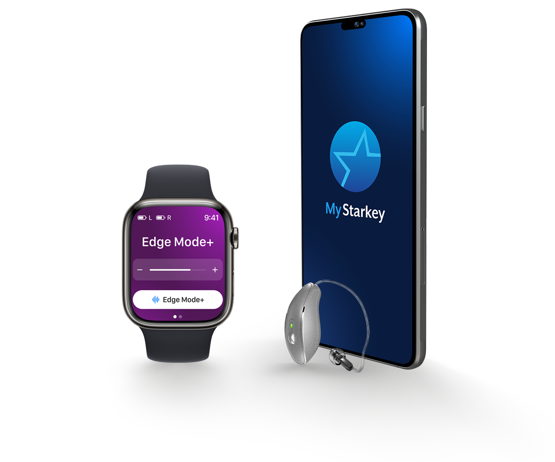 Apple Watch and iPhone with My Starkey app on the screens next to a RIC hearing aid.